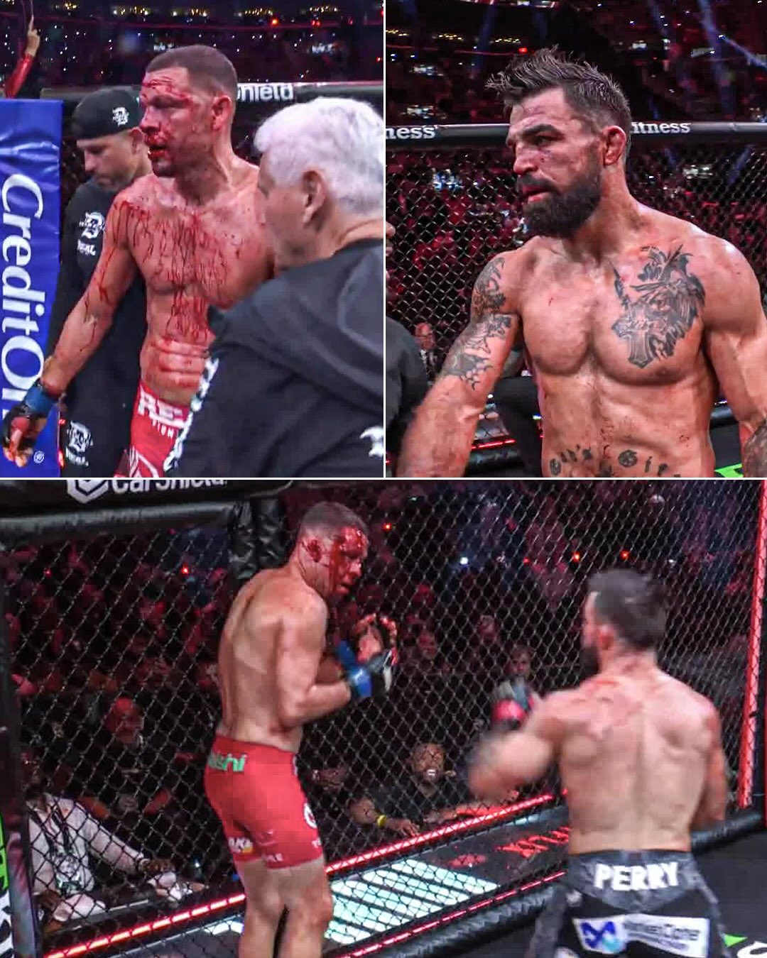 Mike Perry defeats Nate Diaz by TKO after his corner stopped the fight 😳

The damage that Diaz took in this fight 🤯