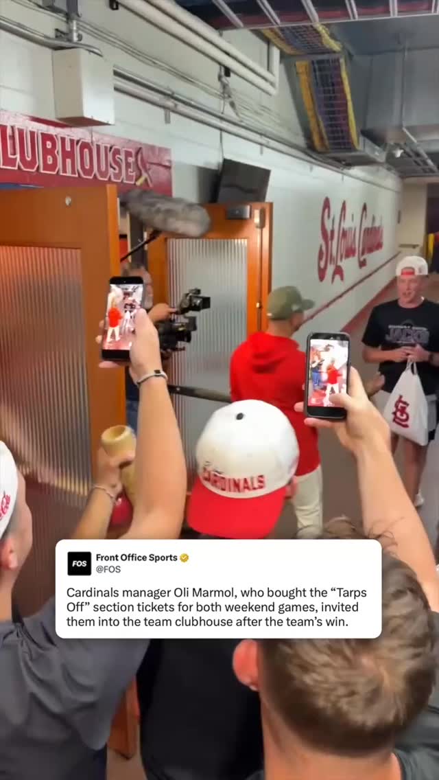 Cardinals manager Oli Marmol, who bought the “Tarps Off” section tickets for both weekend games, invited them into the team clubhouse after the team’s win over Kansas City.⁠
⁠
Marmol had bought tickets to both weekend games for the group.⁠
⁠
(🎥 via @cardinals)