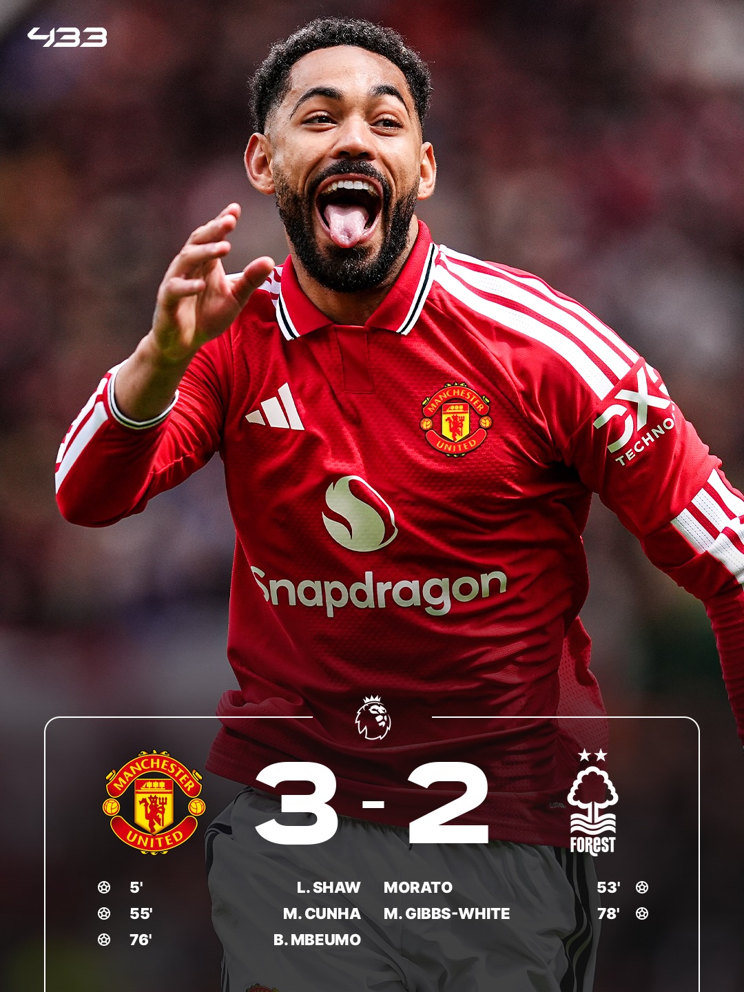 𝐀 𝐒𝐏𝐄𝐂𝐈𝐀𝐋 𝐃𝐀𝐘 𝐈𝐍 𝐌𝐀𝐍𝐂𝐇𝐄𝐒𝐓𝐄𝐑 🥹🫶

👏 Bruno Fernandes equals the PL assist record 🅰️
👋 Casemiro says goodbye to the fans 🥹
🔥 Shaw scores his first to crown a strong season 👑
🏄‍♂️ Cunha goes surfing again, Mbeumo scores too 🫡

𝗧𝗛𝗜𝗦 𝗠𝗔𝗡 𝗨𝗡𝗜𝗧𝗘𝗗 𝗧𝗘𝗔𝗠 𝗜𝗦 𝗦𝗖𝗔𝗥𝗬 🥵