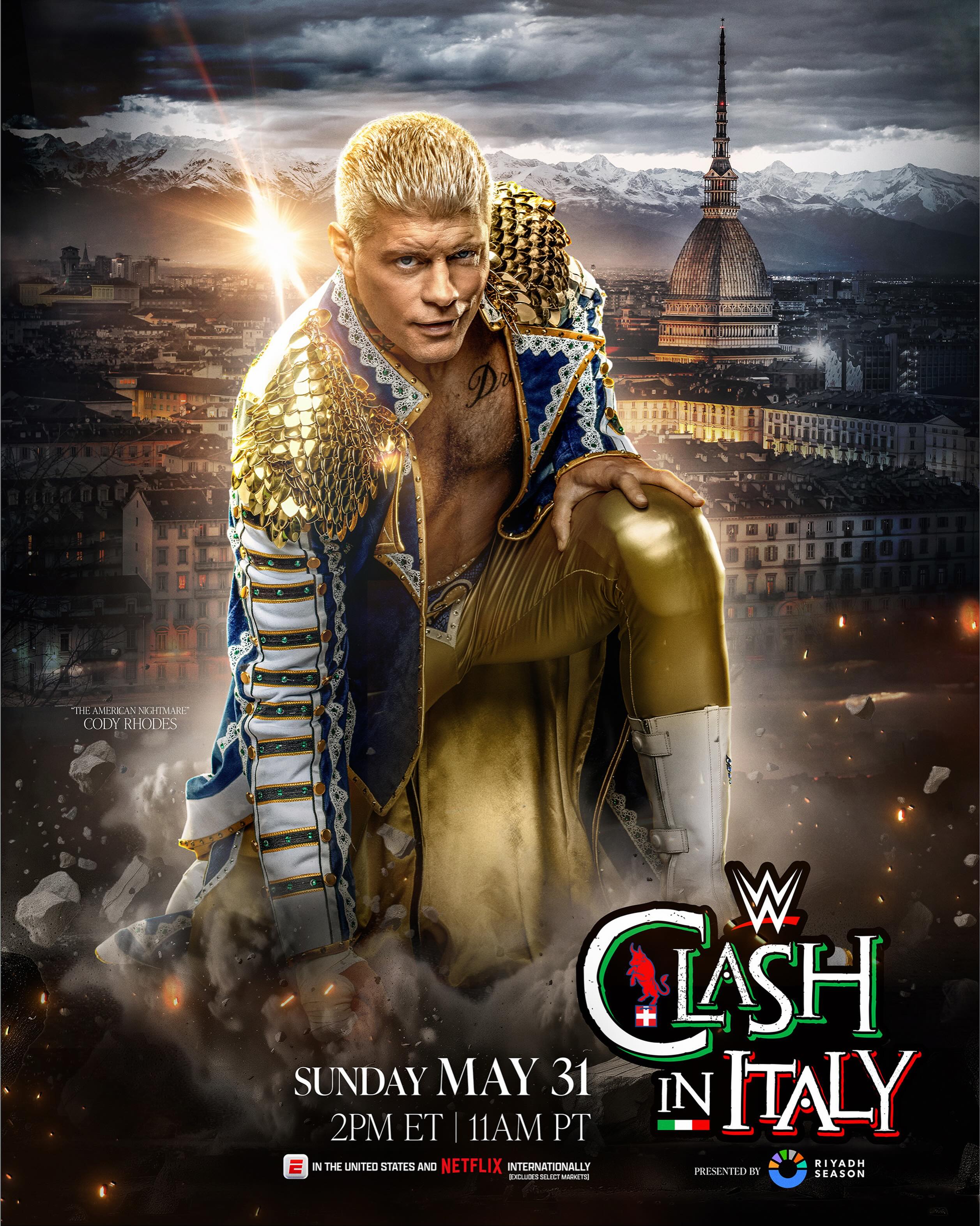 The first @WWE PLE in Italy ever…

#WWEClash in Italy is LIVE from Turin, IT, Sunday, May 31st. Watch on @espn app and @netflix internationally.