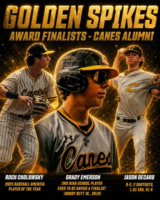 3 former Canes have been named finalists for the Golden Spikes Award, including @turn2grady who is the 2nd high school player ever to be named a finalist!

#thecanes #DifferentBrandOfBaseball