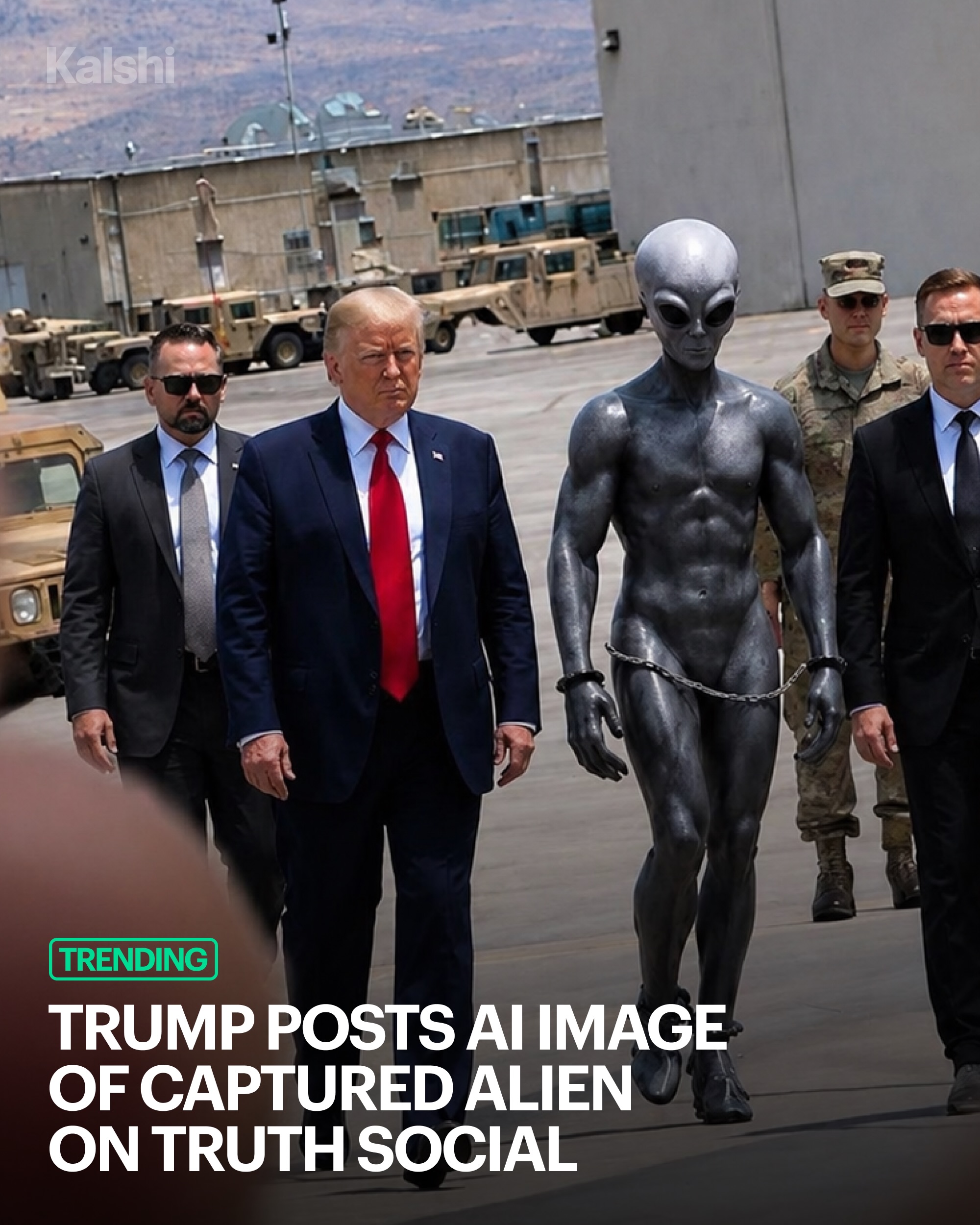 President Trump shared an AI-generated image of a captured alien on Truth Social, quickly sending the post viral across social media. 

The post comes as UFO discussions continue trending online following recent government file releases tied to unexplained aerial phenomena.
