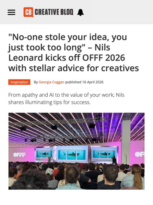 “No-one stole your idea. You just took too long.” @nilsleonard 

@uncommon.creative.studio created the OFFF 2026 campaign, and their co-founder Nils Leonard opened the festival with the same conviction he puts into his work. 

Thanks to @creativebloqofficial for covering the keynote. A good read on taste, speed, and what your work is actually worth. 

🎟️ Early bird tickets for OFFF 2027 on sale until May 31
📍 May 6-8, 2027 | @dissenyhub