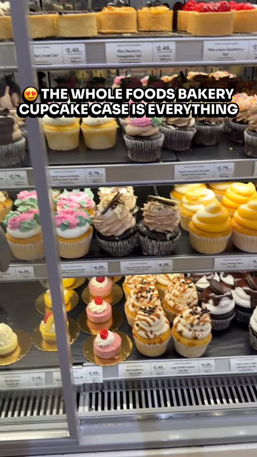 🧁 The Whole Foods bakery cupcake case is an absolute dream and one of the most underrated spots in the entire store! Mango Yuzu, Chocolate Ganache, Creme Cookie, Brown Butter, Vanilla Caramel, seasonal specials, mini tarts, and petit fours all in one gorgeous case with new flavors rotating constantly. 🍰 Treating yourself or bringing something to share, this bakery case never ever misses! #wholefoods #wholefoodsmarket #wholefoodsbakery