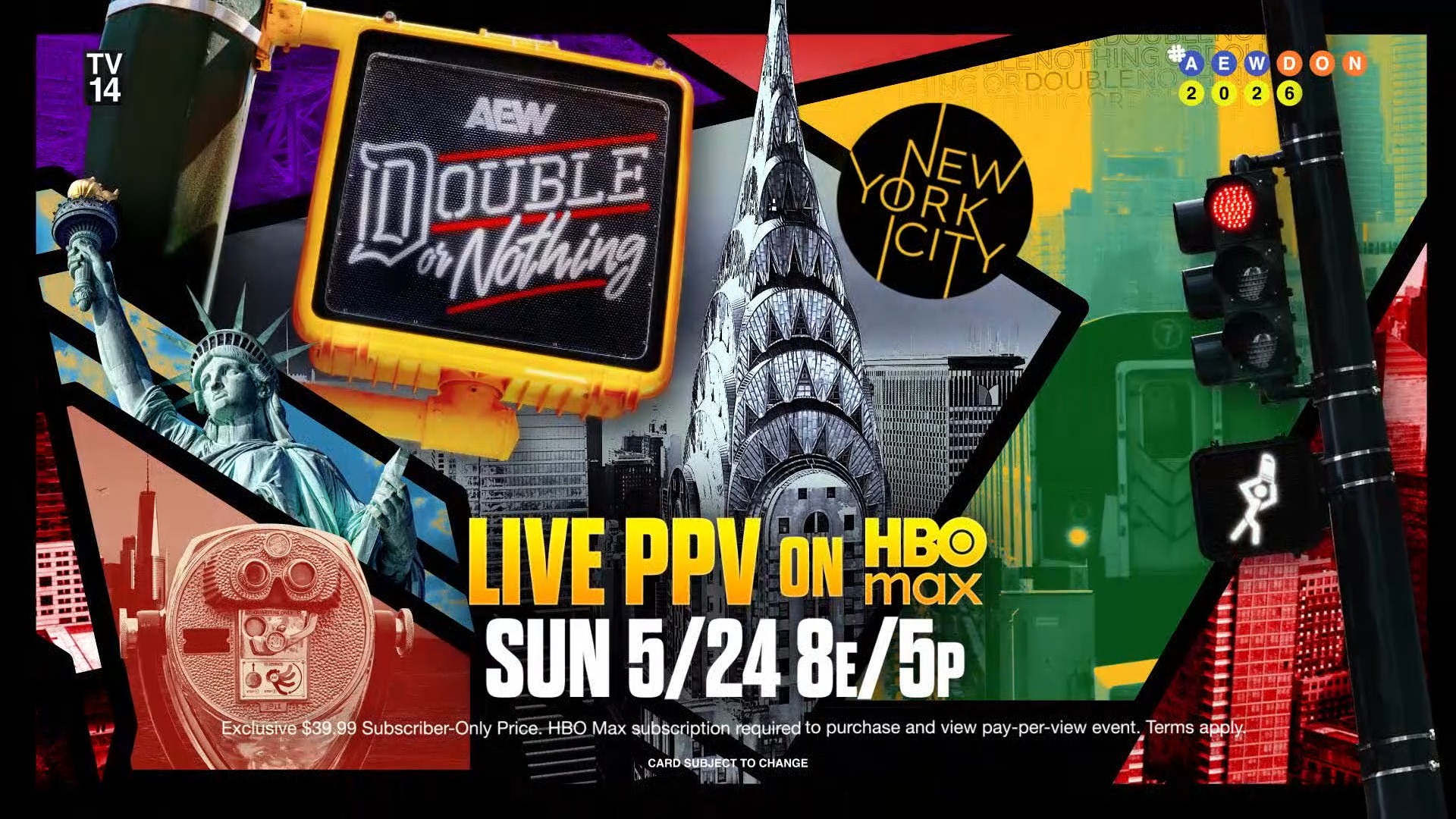 All Elite Wrestling takes over NEW YORK CITY THIS SUNDAY, 5/24, with Double or Nothing at Louis Armstrong Stadium!

Watch #AEWDoN LIVE from New York, on HBO Max PPV at 8e/5p THIS SUNDAY!