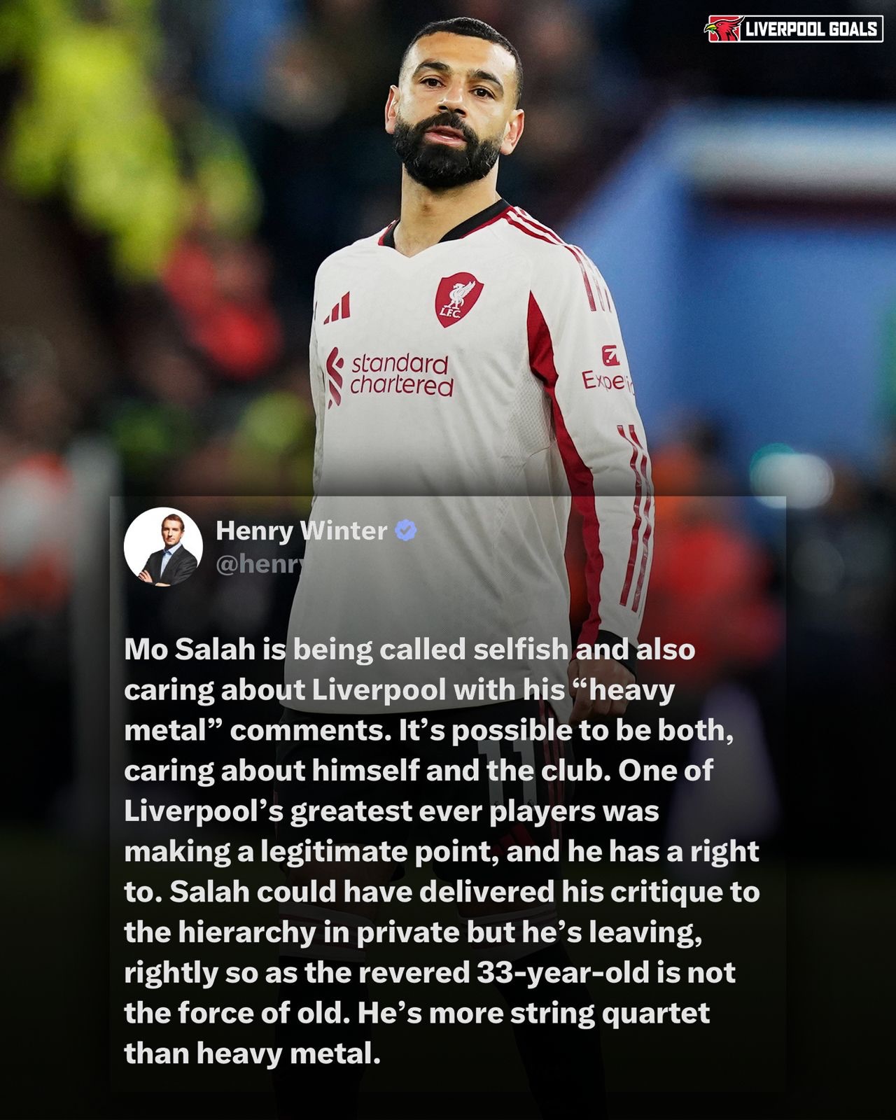 This is absolutely spot on from Henry Winter and more balanced than most reacting to Salah’s bomba statement who said “Mo Salah is being called selfish and also caring about Liverpool with his “heavy metal” comments. It’s possible to be both, caring about himself and the club. One of Liverpool’s greatest ever players was making a legitimate point, and he has a right to. Salah could have delivered his critique to the hierarchy in private but he’s leaving, rightly so as the revered 33-year-old is not the force of old. He’s more string quartet than heavy metal. ‬

‪By posting his critique to his 62m followers on Instagram, Salah wants everyone to know how he feels - and how he feels a club he’s served so well and loves so much can re-find its way. Of course, it’s embarrassing for Arne Slot, especially when so many of Salah’s team-mates “like” the post (whatever their reasons). It heaps more pressure on the head coach. ‬

‪But the football overseen by Slot isn’t good enough at the moment. It lacks direction, intensity and authority. Salah is right. Slot has to focus most on ensuring Liverpool finish in the Champions League positions, rise above the criticism and give Salah the send-off a club legend deserves at Anfield on Sunday.”‬

This is so much more measured than pundits like Wayne Rooney saying he shouldn’t even be anywhere near Anfield on Sunday in his final game 🤦‍♂️

‪Thoughts on that Reds? 🤔👇