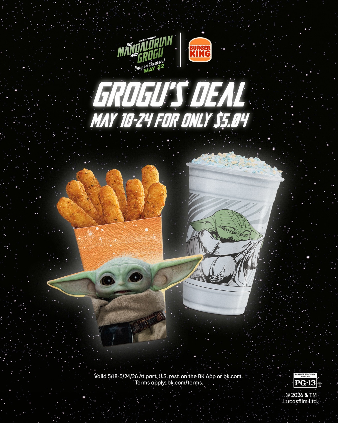 One of the most wanted bounties in the galaxy. Head to the BK app and claim your Grogu’s Deal today

See Star Wars: #TheMandalorianAndGrogu in theaters May 22!