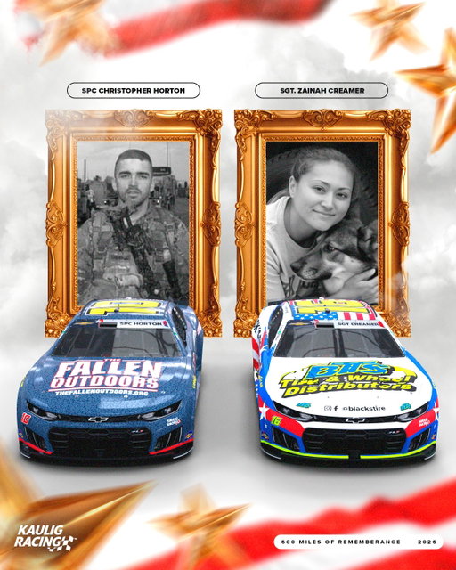 For the #CocaCola600, Kaulig Racing is honored to be carrying a pair of heroes on our Cup cars.

Both Specialist Christopher Horton and Sergeant Zainah "Caye" Creamer unfortunately lost their lives in Afghanistan in 2011 protecting our freedom.

Ty and AJ will carry these heroes names on their cars proudly for 600 miles at Charlotte Motor Speedway.