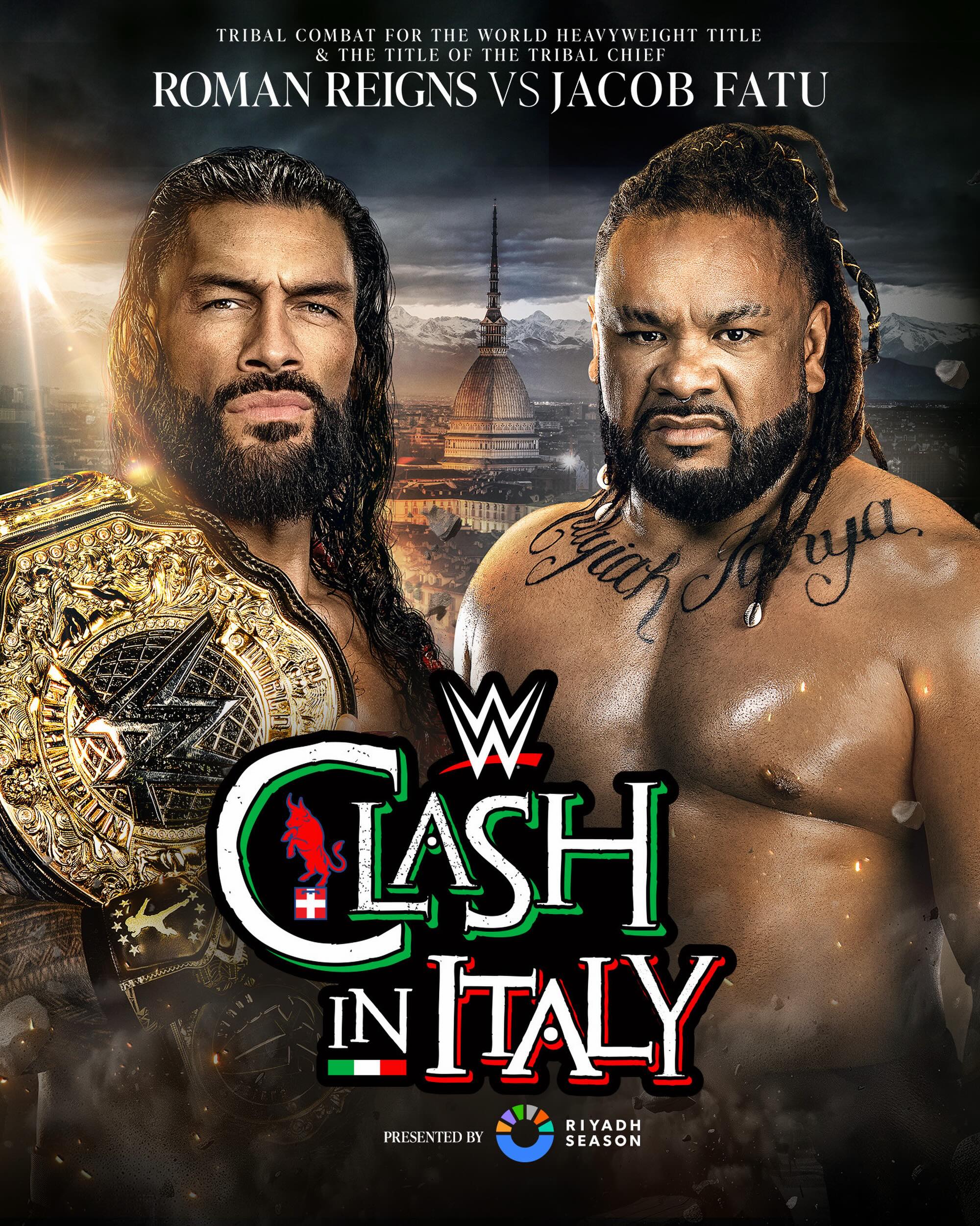 No higher stakes for the family. 
No bigger mountain to climb. 

Roman Reigns. Jacob Fatu. 
For the WWE World Heavyweight Championship and the title of Tribal Chief…

In a TRIBAL COMBAT MATCH. #WWEClash