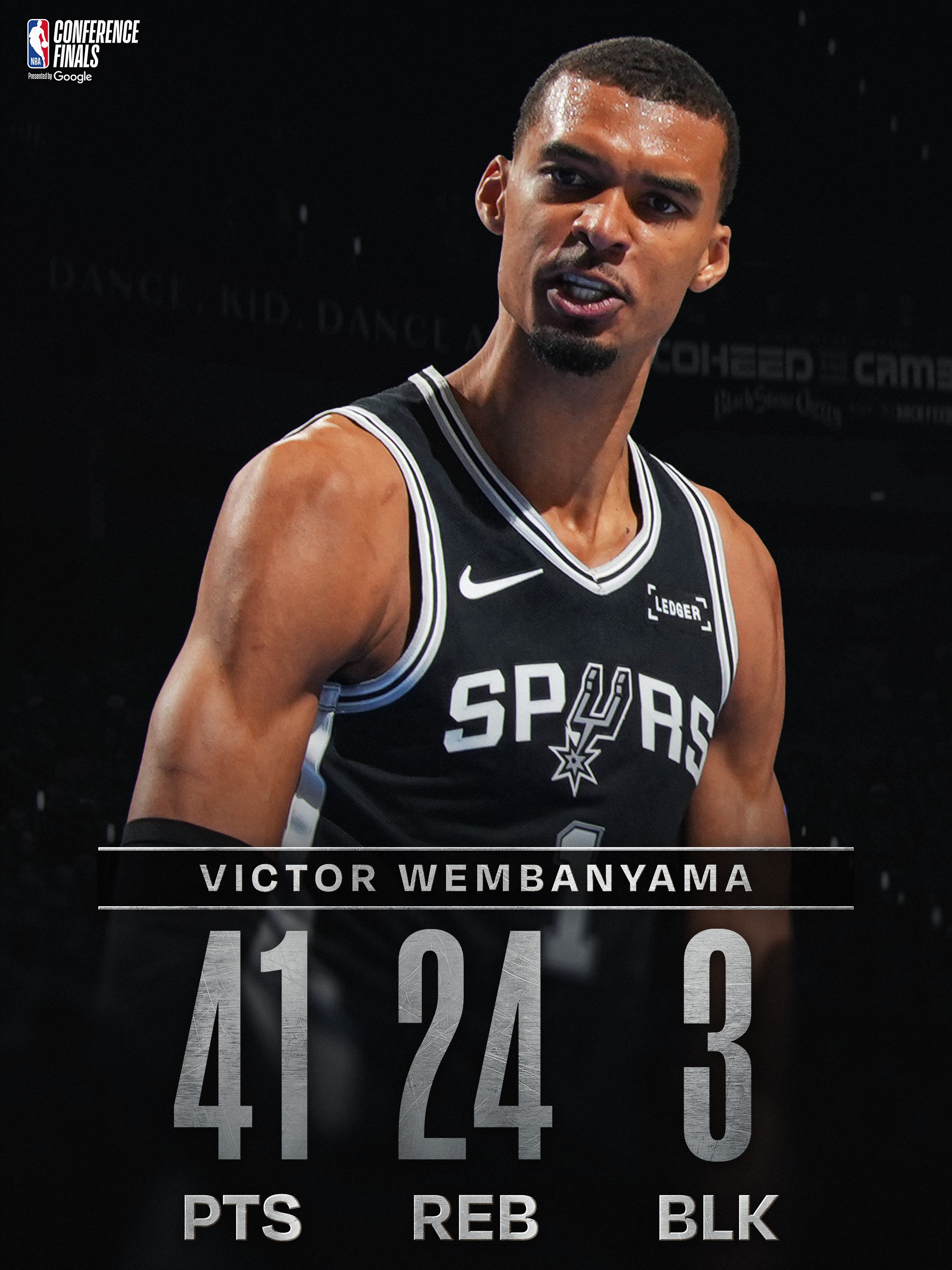 @wemby DROPPED 41 PTS & 24 REB IN HIS WCF DEBUT to lead the @spurs to an epic 2OT victory in Game 1! 👽 

▪️ Joins Wilt Chamberlain as the only players to record 40+ PTS and 20+ REB in their Conference Finals debut

▪️ Joins David Robinson as the only players in Spurs franchise history to record 40+ PTS and 20+ REB in a postseason game

NBA Conference Finals presented by @google • SAS/OKC Game 2: Wed, 5/20 at 8:30pm/et on NBC & Peacock