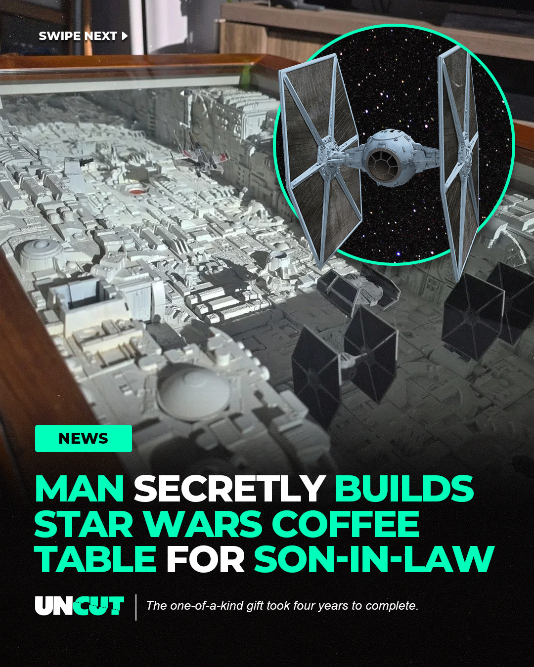 A father-in-law spent four years secretly building an incredible Star Wars coffee table as a gift for his son-in-law ☕🚀⁠
⁠
The handmade table features a detailed Death Star trench scene and was crafted in secret, turning a vintage piece of furniture into one of the coolest Star Wars gifts ever made ✨⁠
⁠
What do y'all think ⁉️👀