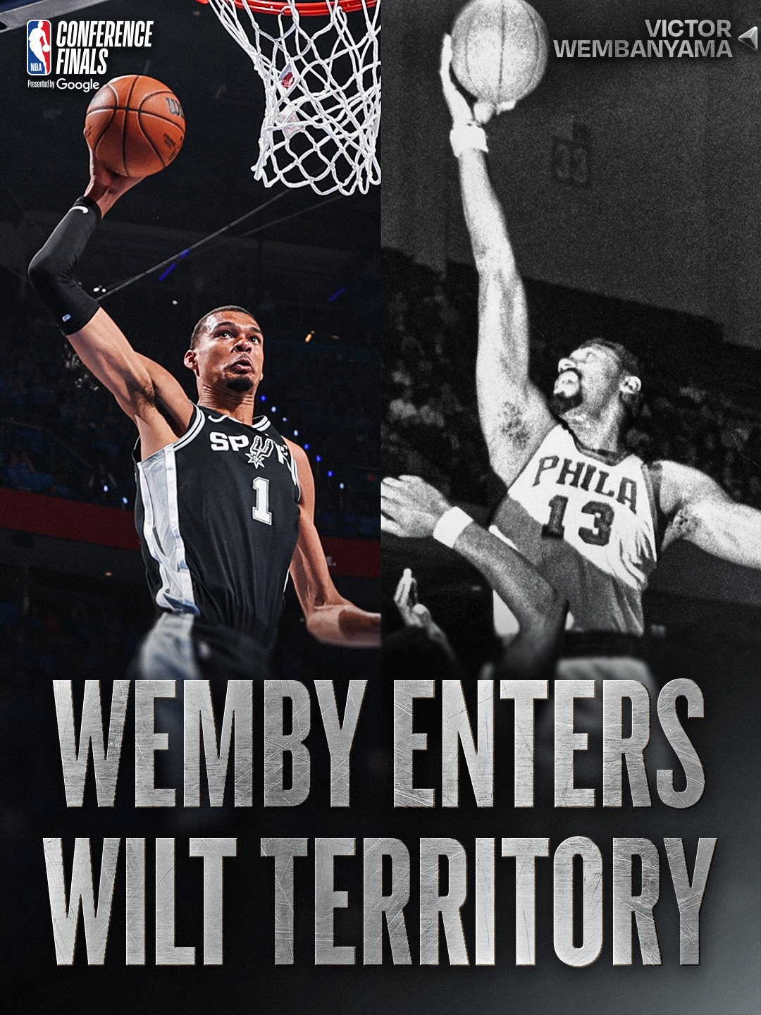 @wemby enters ELITE COMPANY! He joined Wilt Chamberlain as the only players to record 40+ PTS and 20+ REB in their Conference Finals debut. Victor finished with 41 PTS and 24 REB in the @spurs 2OT win 👽

SAS/OKC Game 2: Wed, 5/20 at 8:30pm/et on NBC & Peacock