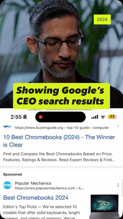 In this 2024 clip, Google CEO Sundar Pichai takes a look at a sample Google search on Nilay’s phone to evaluate whether search results with AI will be better or worse than they were before. Look out for our latest interview with Google’s CEO next week on Decoder.