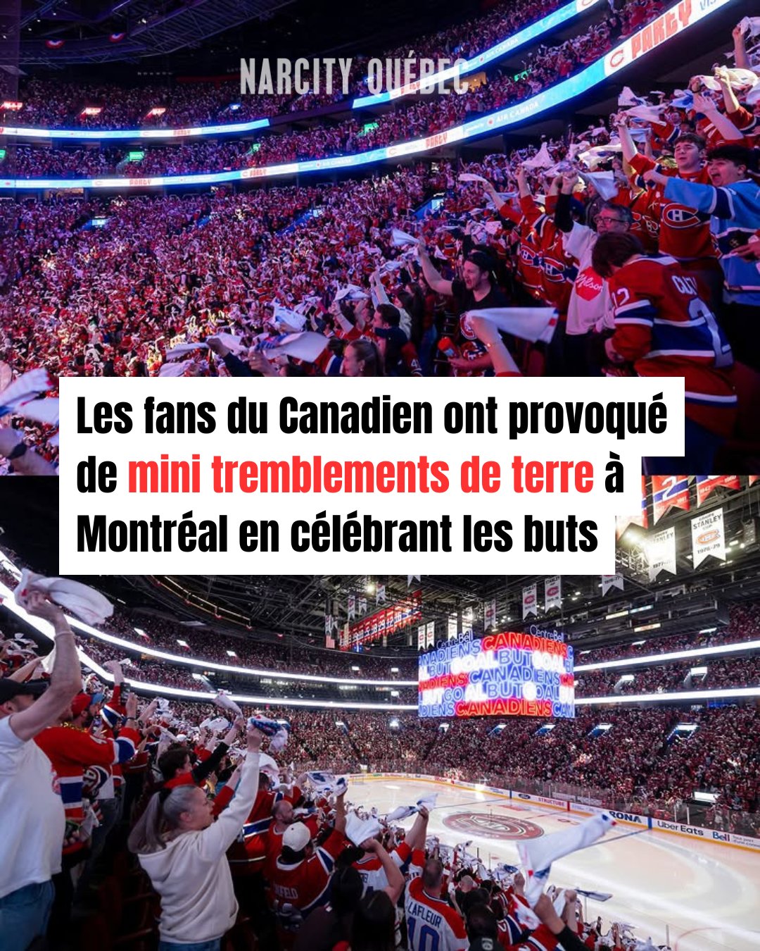 Les fans du Canadien réunis au Centre Bell ont célébré si fort les buts de leur équipe qu’ils ont causé des séismes d’une magnitude atteignant 0,5 sur l’échelle de Richter, rapporte le Journal de Montréal.

Le quotidien a pris des captures d’écran sur l’outil qui mesure l’activité sismique, le sismographe des Ressources naturelles Canada, qui est situé au Collège Jean-de-Brébeuf, situé à environ 5 km du Centre Bell. Il les a ensuite fait analyser par une professeure du Département des sciences de la Terre et de l’atmosphère de l’UQAM.« C’est impressionnant ! Il y a ces augmentations d’amplitude abrupte ! », a dit la professeure Fiona Ann Darbyshire en entrevue avec le Journal.

Une autre professeure, celle-ci du Département des sciences de la Terre et des planètes à l’Université McGill, dit avoir aussi enregistré des pics dans son laboratoire à McGill, après que le Tricolore a marqué, samedi. Selon ses calculs, les buts marqués lors du match 6 à 20 h 16 et 20h 18 ont atteint 0,5 sur l'échelle de Richter, et il y a aussi eu des pics d’activité lors du match de lundi soir.

Selon Mme Darbyshire, il s’agit d’un phénomène qui se produit assez souvent lors d’événements sportifs ou de concerts populaires comme ceux de Taylor Swift.

📸 : @canadiensmtl | Instagram