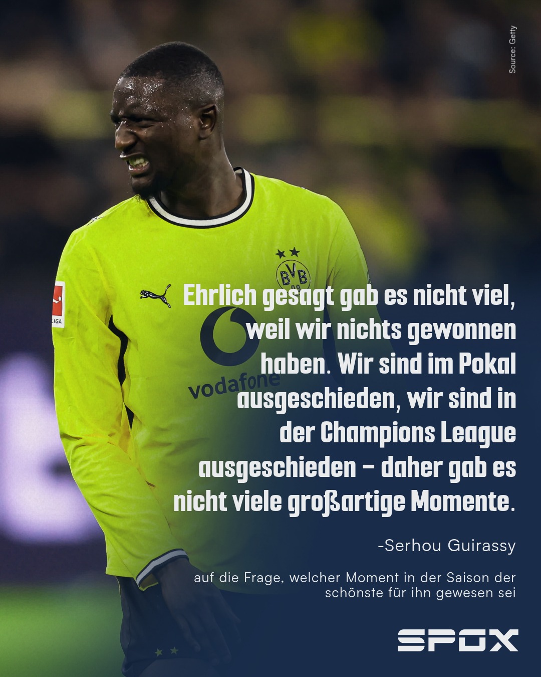 Vizemeister in der Bundesliga, Playoff-Aus in der Champions League, K.o. im Achtelfinale das DFB-Pokals - so lautet die Saisonbilanz von Borussia Dortmund. Und damit ist Stürmer Serhou Guirassy alles andere als zufrieden. 😅