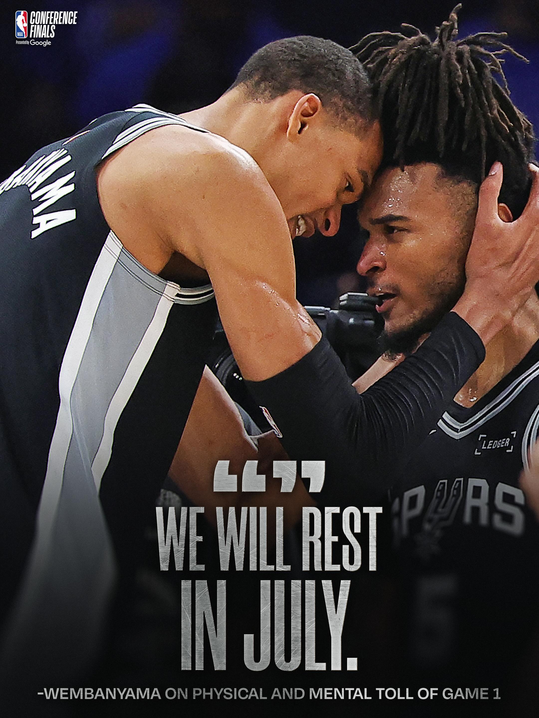 @wemby isn’t worried about the physical toll after playing a postseason career-high 48 minutes in the Western Conference Finals Game 1 win 👽 SAS (1-0) OKC Game 2 tips off Wednesday, 5/20 at 8:30pm/et on NBC/Peacock 🍿 NBA Conference Finals presented by @google