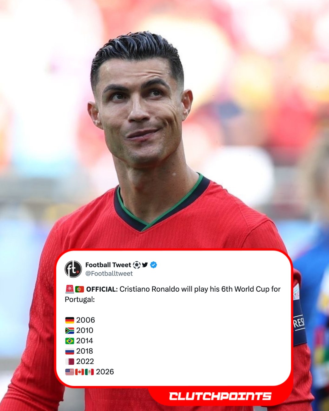 Six of the absolute best. 🇵🇹

History has officially been rewritten. At 41 years old, Cristiano Ronaldo has been named to Roberto Martínez’s squad for the 2026 World Cup—becoming the first male player ever to be selected for six different World Cup tournaments. 👑📈