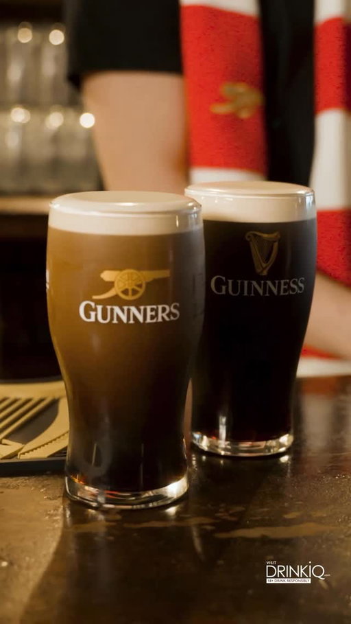 Good Things Come to Those Who Wait. What a Lovely Day to become Champions.

[Video description: video opens on a freshly poured pint of Guinness sitting on the bar, with a person wearing a red and white football shirt standing behind it. A second pint is then placed in front, served in an Arsenal-inspired glass featuring a cannon and the word “Gunners”. The video ends on a black screen showing the Guinness and Arsenal logos alongside the line: “Good things come to those who wait.”]