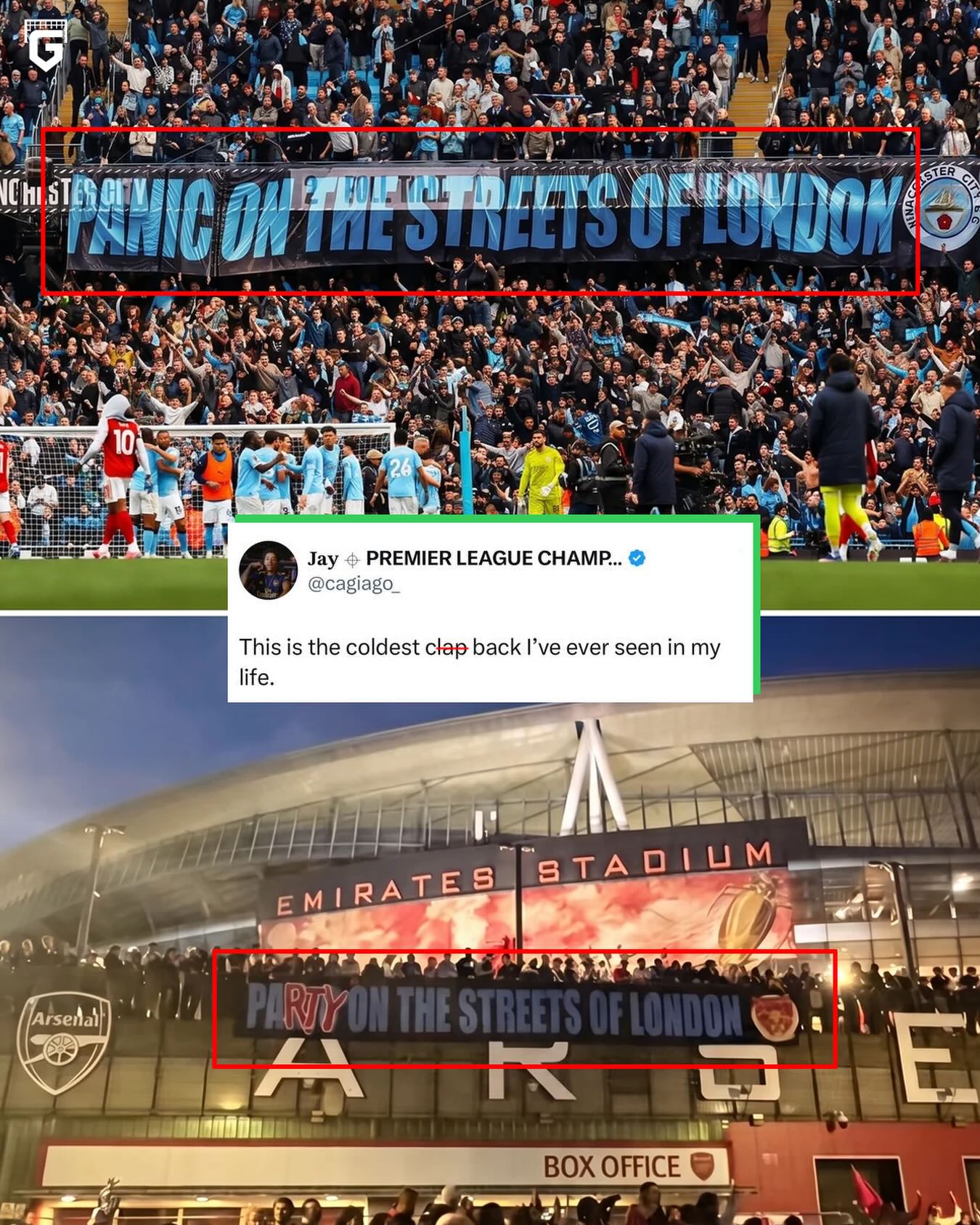 📝 When Arsenal visited the Etihad in April, Man City fans displayed a banner that read; “Panic on the streets of London”

It appears an Arsenal fan took the banner, and manually adjusted it to read; “Party on the streets of London” and displayed it at Emirates Stadium after the Gunners are confirmed Premier League title winners.

Good banter. 👏