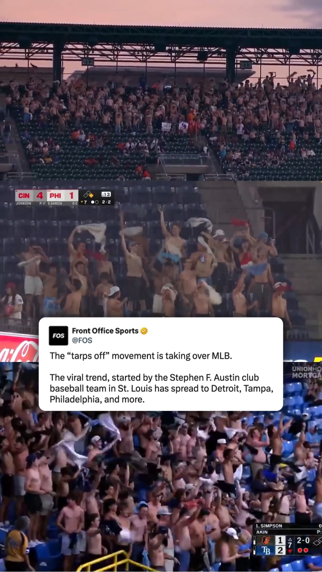 MLB’s “tarps off” trend, started by a club baseball team from Stephen F. Austin, is now spreading across ballparks as fans around the league join in.

(🎥 via @mlb)