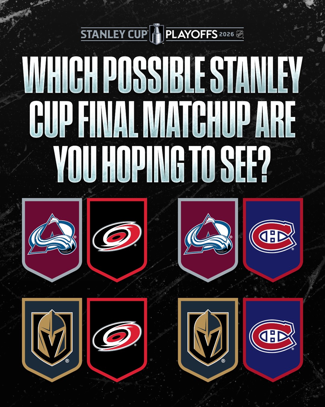 Just four teams remaining — which #StanleyCup Final matchup are you hoping for? 🔢

Game 1 of the Western Conference Final between the @vegasgoldenknights and @coloradoavalanche is TONIGHT at 8p ET on @espn, @sportsnet, & @tvasports!