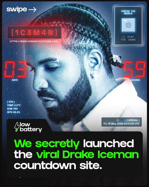 We secretly built the viral Drake Iceman countdown site.

When Drake teased Iceman, we didn't just post about it.

In days, our team launched icemancountdown.com - a fully custom microsite that expanded the Iceman universe:

Countdown timer to album release
Custom Iceman font generator
Exclusive zine drops & easter eggs
"Freeze The World" - a custom arcade game w/ a $10K prize courtesy of our partners @stakeusa 

We dropped it on our socials... Within minutes it exploded across the Drake community, got picked up by traditional media, and had creators like DJ Akademiks spending hours decoding it live on Twitch.

The results:
2M+ unique site views
500K+ game attempts
Hundreds of millions of impressions across social

Partners who are ready to think this way ➡️ partnerships@lowbattery.xyz