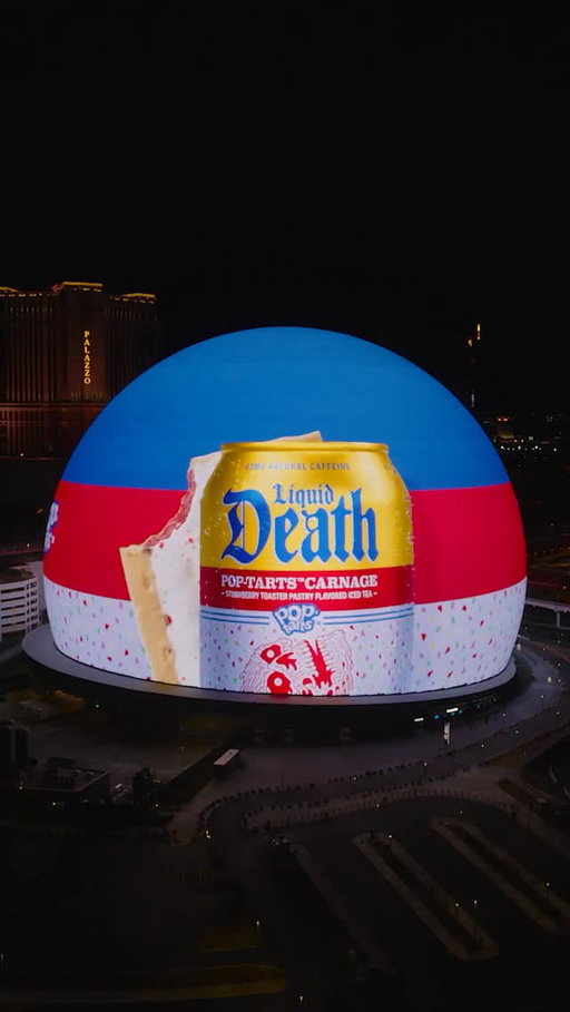 New @liquiddeath x @poptartsus Pop-Tarts™ Carnage Iced Tea out now, with a boost of natural caffeine and just 4g of sugar. It’s available in drinkable 12oz cans at retailers everywhere and in one giant, non-drinkable blender on the Exosphere at @spherevegas.