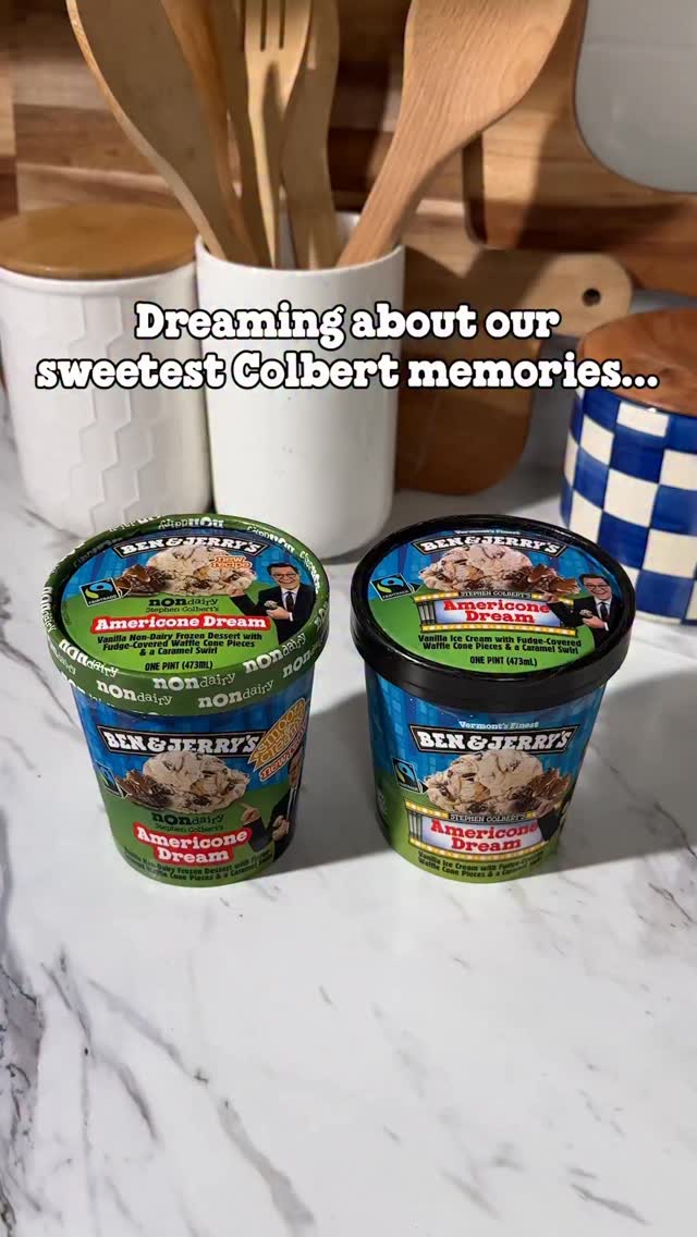 Thanks for all the sweet memories @colbertlateshow We’ll think of you every time we follow a caramel swirl towards a chocolate-covered waffle cone piece. From the American flag pint we unveiled back in 2007 to today’s brand new look, we’re proud to have partnered with Stephen for 19 years and counting. Here’s to 19 more as a top-10 flavor! Look for Americone Dream’s exciting new design in freezers near you soon! Proceeds will continue to support charitable causes through the Stephen Colbert Americone Dream Fund. #benandjerrys #americonedream #stephencolbert #lateshow