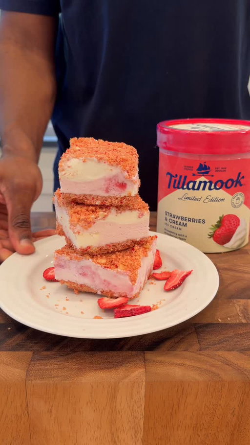 Treat yourself to a nostalgic summer classic: Strawberry Shortcake Ice Cream Sandwiches made with @tillamook Limited Edition Strawberries & Cream Ice Cream for a perfect smooth and creamy texture, and delicious strawberry ripple. Shop Tillamook Ice Cream at the link in bio. #TillamookPartner