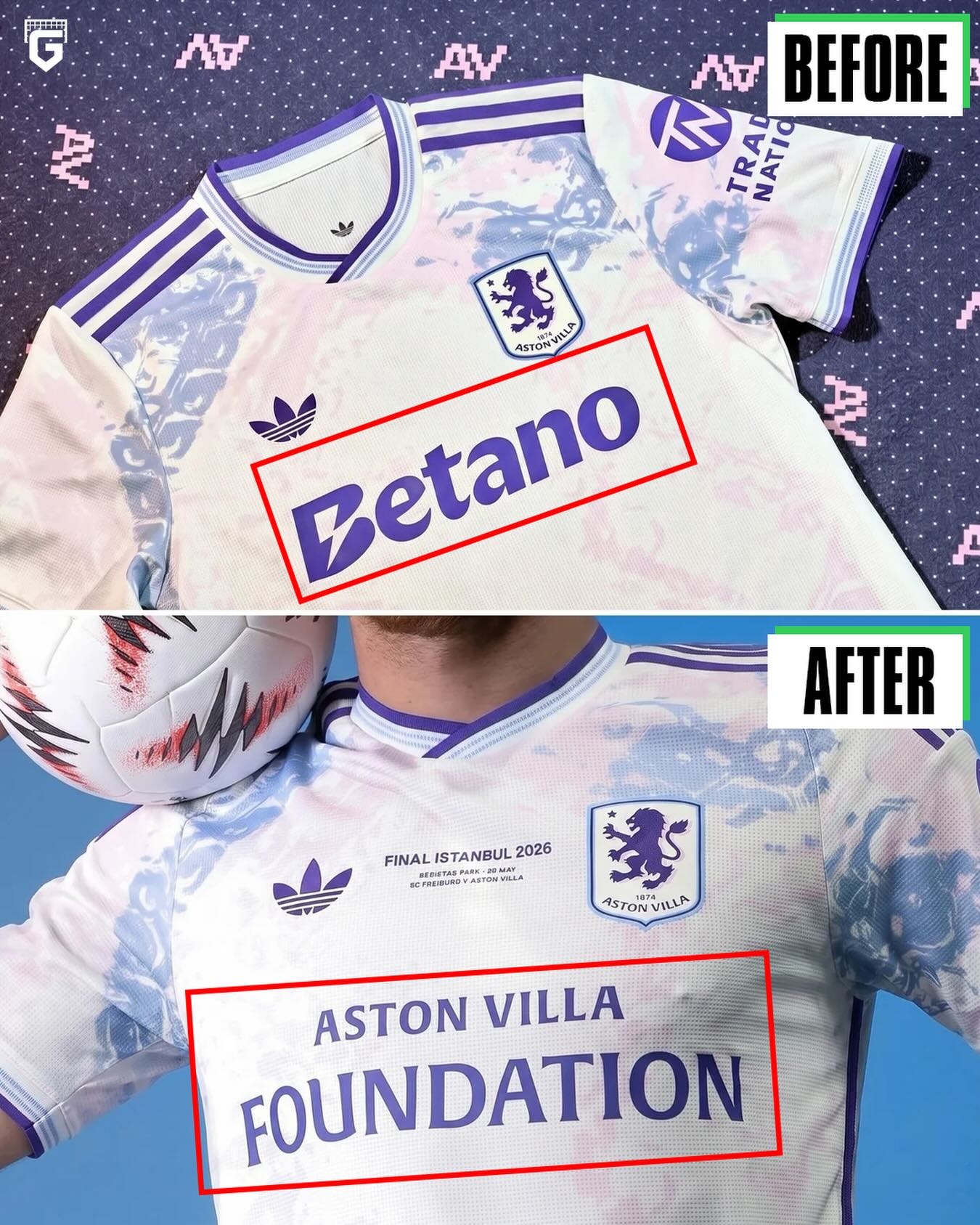 Aston Villa had to change its sponsor for the Europa League final as the match will be held in Turkey, and local regulations prohibit the display of the betting promotions…

💜 As a result, the shirt featured the name of the Aston Villa Foundation, the club’s social project.

In addition, the English club decided to play in its third kit!