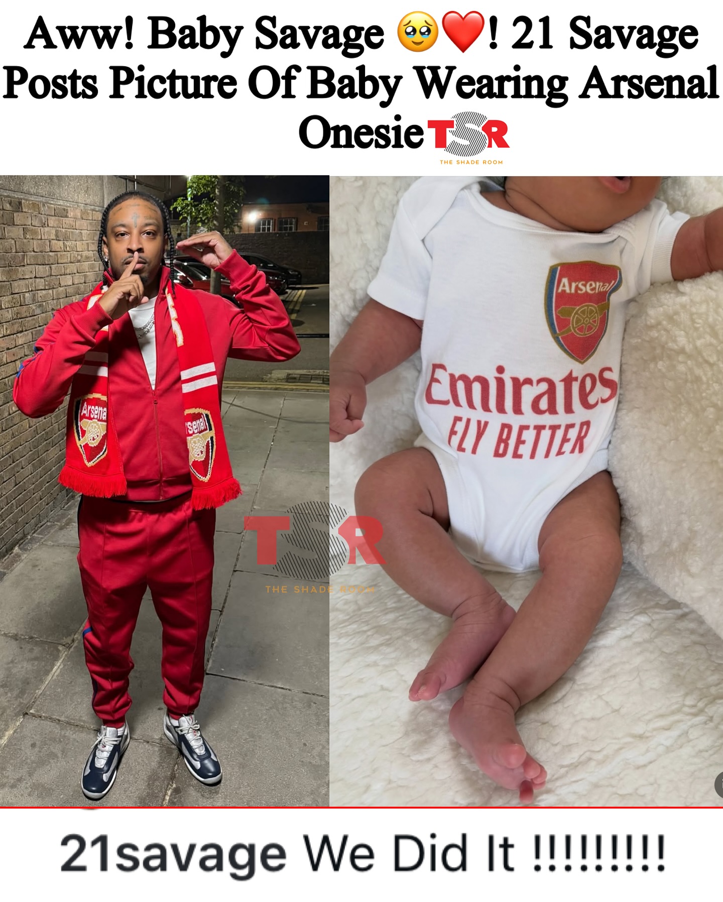 #CutenessOverload: Too cute! #21Savage with an Arsenal dump featuring a pic of a baby wearing the team’s onesie.😍 Arsenal won their first Premier League title in 22 years. ✍🏾:#TSRStaffJR
