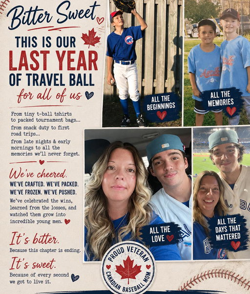 To all my veteran Canadian Baseball Moms… this one hurts a little. ❤️⚾️🇨🇦

Somehow we blinked… and the tiny t-ball kids with oversized jerseys, dirt-covered faces, and post-game snack obsessions turned into young men chasing big dreams.

This is our last year of travel ball.
Our last summer of packed coolers, hotel bookings, sunflower seed explosions in the car, early morning coffees, tournament weekends, late-night drives home, frozen May doubleheaders, and all the chaos we once thought would last forever.

We spent YEARS living at the diamond.
We froze. We melted. We cheered until we lost our voices. We washed impossible white baseball pants. We sat through rain delays. We learned every backroad to every small-town ballpark in Ontario. 😂

And honestly?
I’d do every single second of it again.

It’s bittersweet because this chapter is ending… but sweet because we got to live it.

To all the moms beside me in the bleachers over the years:
We survived travel ball life. And somehow, in between the tournaments and Tim Hortons runs… we made memories that will stay with us forever. ❤️

Join the club today - perks, discounts, giveaways!  Go here: https://forms.gle/EhXbBLbHuL52otT48

One last ride, baseball moms. Let’s go. ⚾️🇨🇦

#CanadasBaseballMom #VeteranBaseballMom #TravelBallLife #BaseballMomLife