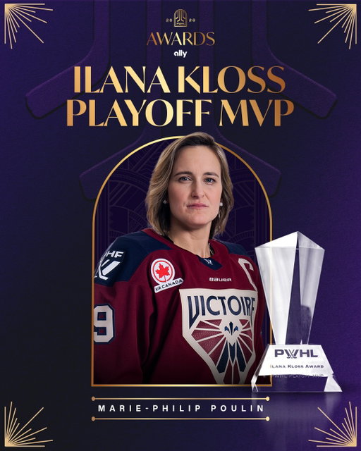 M🗣️V🗣️P🗣️
 
Marie-Philip Poulin of Montréal Victoire has been named the 2026 Ilana Kloss Playoff MVP!
 
Marie-Philip Poulin  de la Victoire De Montré remporte le Trophée Ilana Kloss de la joueuse la plus utile des séries éliminatoires 2026!