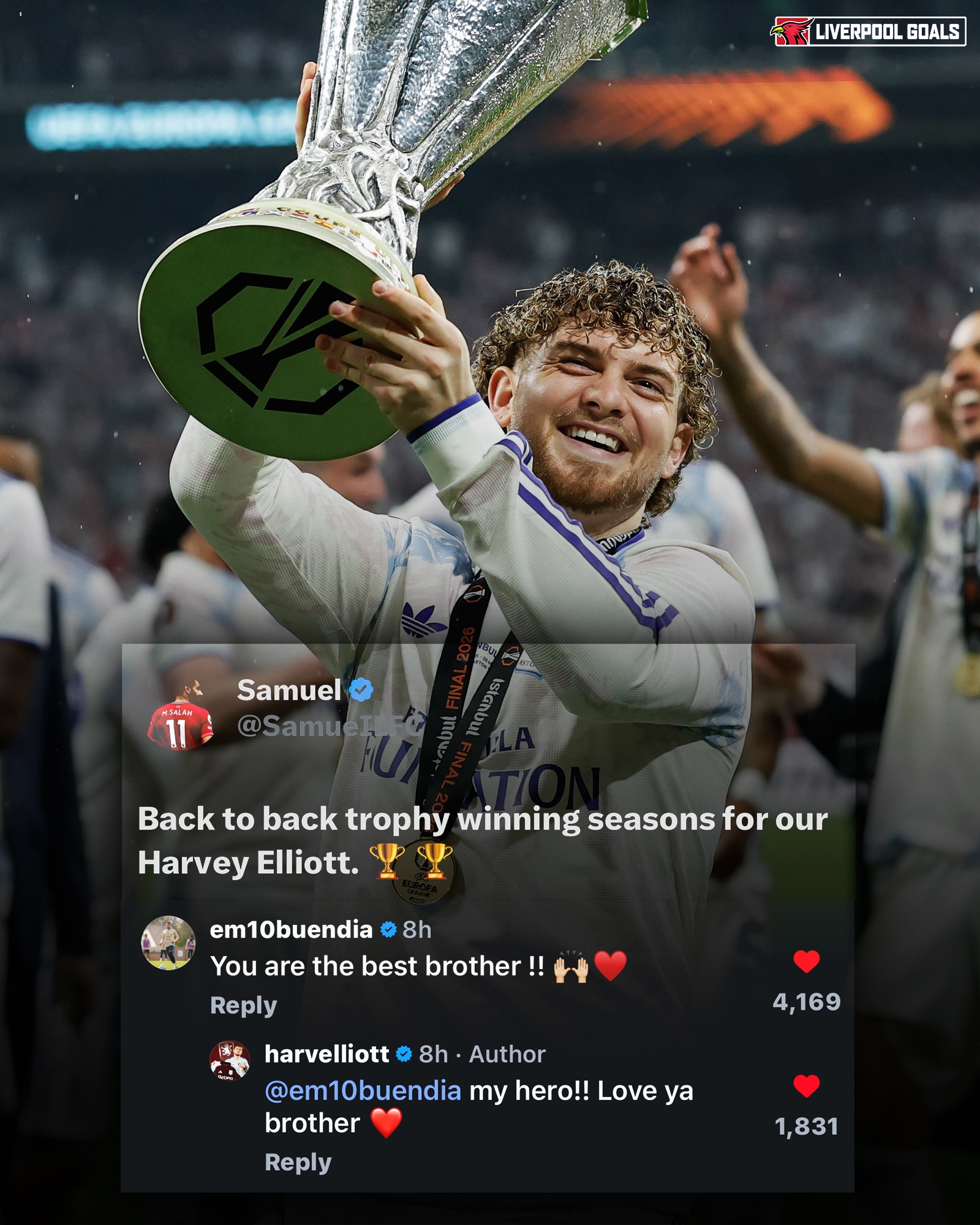 Harvey Elliott celebrating European glory after back to back trophy winning seasons 🏆🏆

Even if Harvey has had a very difficult season with little playing time, it was beautiful to see how happy he was lifting the trophy with all the players cheering him on as well ❤️

I really hope he’s given a chance next season cause we all know his ultimate dream is to be at Liverpool and win trophies with his boyhood club 🔴🫶

Btw Unai Emery has now won the Europa League five times with three different teams, all of which contain “Villa” in their names: Aston Villa (1), Sevilla (3) and Villarreal (1). Which is as many European trophies as Man United themselves 😅👏