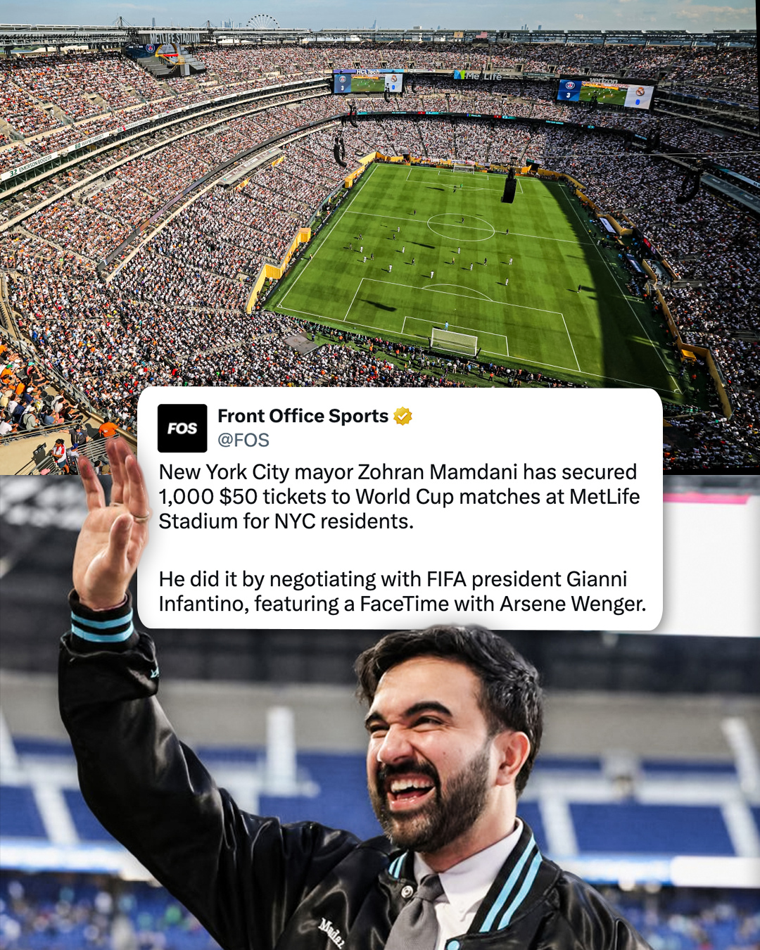 New York City mayor Zohran Mamdani has negotiated 1,000 $50 tickets to World Cup matches at MetLife Stadium for NYC residents with FIFA president Gianni Infantino.⁠
⁠
Mamdani, a lifelong Arsenal fan, raised the issue directly with Infantino and spoke via FaceTime to Arsene Wenger, former Arsenal manager and now FIFA’s chief of global development.⁠
⁠
Full story in our bio.⁠
⁠
#soccer #football #worldcup #mamdani #newyork