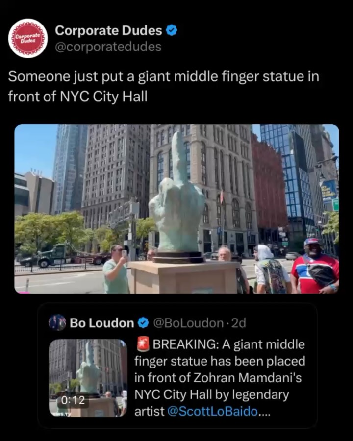 Staten Island artist and political activist Scott LoBaido installed a six-foot-tall middle finger sculpture directly in front of New York City Hall, aimed at Mayor Zohran Mamdani

The statue is a detailed, six-foot-tall hand sculpture flip-off gesture titled “Vaffanculo” (Italian for “go f*** yourself”)
