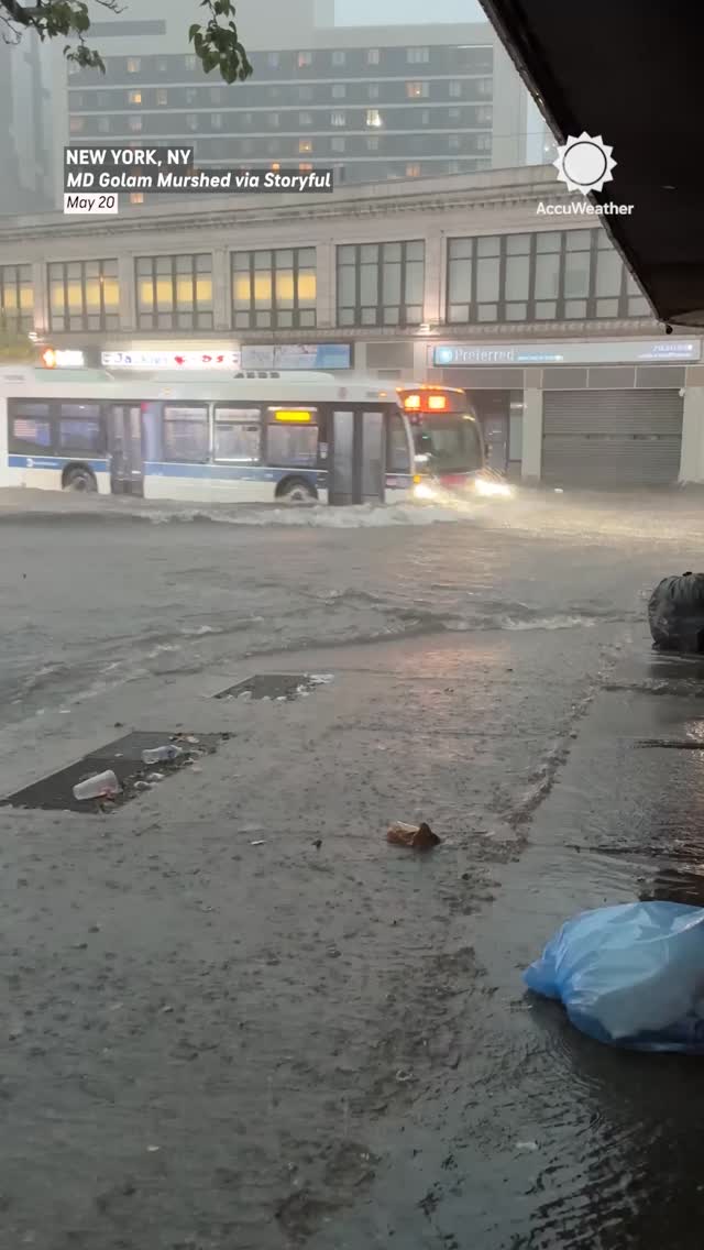 New York City buses, fire trucks, bikes, and other vehicles powered through floodwaters on Wednesday. This captured the flooding on Jamaica Avenue in Queens after the intense rainfall.