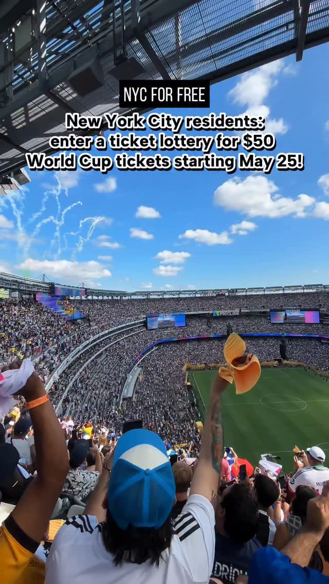NYC residents can get 2026 World Cup tickets for just $50 via a lottery! ⚽️ 
Just announced by @nycmayor @zohrankmamdani and @fwc26nynj: a new lottery is opening for residents of all five boroughs with 1,000 tickets total, ~150 per game at MetLife Stadium (every game except the final). 

Tickets include free bus transportation to and from the event, and seats will be in the upper bowl.

The lottery opens May 25 at 10AM and closes May 30 at 5PM at www.regnyctix.com. The lottery is capped at 50,000 entries per day (1 per person). Each person can enter 1x per day, up to 6 times. 

Free watch parties:
⚽️ Queens Group Stage HQ: USTA Billie Jean King National Tennis Center | June 11–27
🗼 NYNJ World Cup 26 & Telemundo Fan Village: Rockefeller Center | July 6–19
🏟️ Bronx Fan Zone: Bronx Terminal Market | June 13–14
🗽 Staten Island Fan Zone: SIUH Community Park | June 29–July 2
🌉 Brooklyn Fan Zone: Brooklyn Bridge Park | June 13–July 19 (select dates TBA)

#nycforfree #fifa #worldcup #nyc