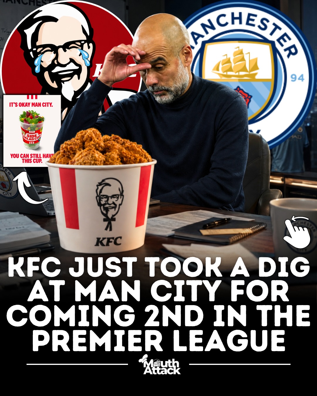 KFC Singapore just went viral after taking a brutal shot at Manchester City following Arsenal finishing above them in the Premier League table 👀🏆

The post shows a “Side Salad Cup” with the caption: “It’s okay Man City… you can still have this cup.” 💀🥗

“Sometimes you’re the main character. Sometimes you’re the side.” 😭🔥 Fans are calling it one of the funniest fast food football trolls of the season.

🎥: @kfc_sg