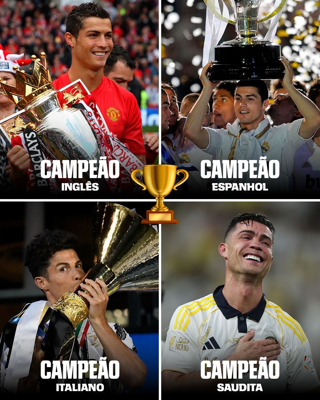 CAMPEÃO DE TUDO!!!!! 🏆🇵🇹🍷 Cristiano Ronaldo conquistou o título do campeonato saudita com o Al Nassr pela primeira vez nesta quinta-feira. O craque foi campeão de competições nacionais em 4 dos 5 clubes que já jogou profissionalmente. ABSURDO!

#FutebolNaESPN #CristianoRonaldo