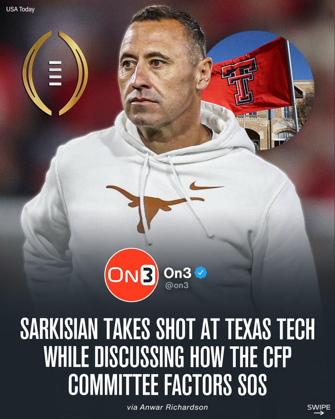 Steve Sarkisian took a shot at Texas Tech while discussing how the College Football Playoff Committee factors strength of schedule👀

(via Anwar Richardson/X) 

Follow @On3 for the BEST of College Sports