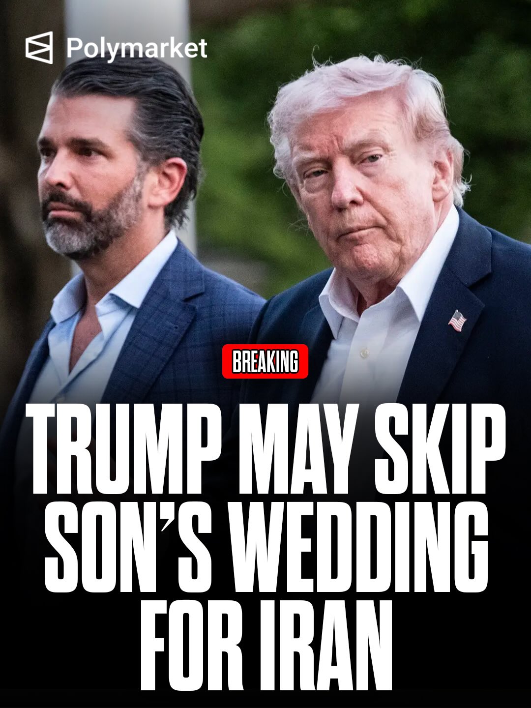 President Trump said Thursday he is unsure whether he will attend Donald Trump Jr.’s wedding, citing the ongoing Iran war and “other things” demanding his attention at the White House. 

Trump joked that he would face criticism from the “fake news” whether he attends or skips the “small, little private affair,” while praising his son’s fiancée and wishing the couple well.

Traders predict a 76% chance Trump will attend his son’s wedding.