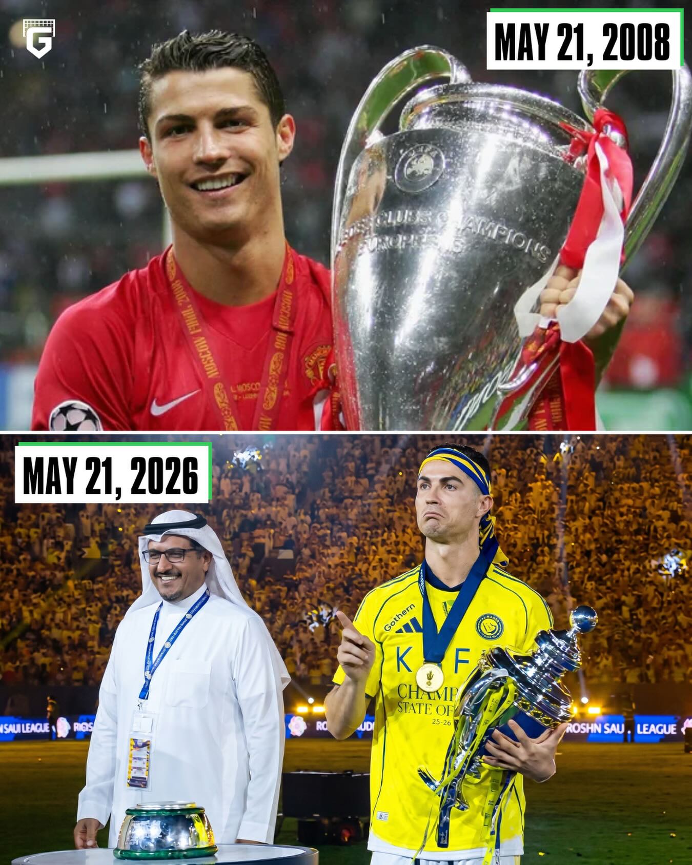 🇵🇹🏆 18 years ago today, Cristiano Ronaldo won the first Champions League trophy of his career.

Now, on the exact same date 18 years later, he’s won his first Saudi Pro League title with Al Nassr.
