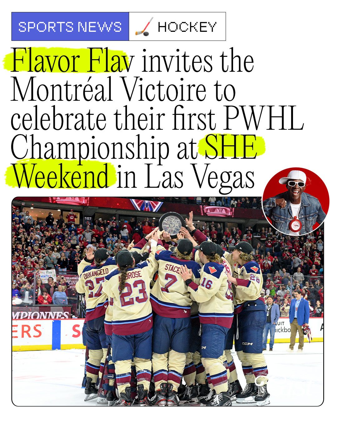 Hey @victoire_lphf, any plans on July 16 to 19? 👀⁣
⁣
Flavor Flav's SHE Weekend (@flavorflavsshe) is officially happening in Las Vegas from July 16 through 19, and Team USA athletes aren't the only ones invited to the party. 🎉⁣
⁣
The invite has officially been extended to the Montreal Victoire after they won their first-ever Walter Cup on Wednesday night. Allons-y! 💃⁣
⁣
#womenssports #hockey #pwhl #flavorflav #flavorflavsshe