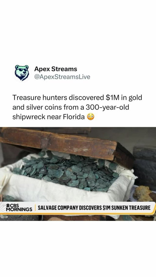More than 1,000 gold and silver coins were recovered from the wreckage of a Spanish fleet that sank over 300 years ago near Florida.

The discovery is now valued at roughly $1M, making it one of the wildest modern treasure finds in recent years.

(Via CBSMornings)
