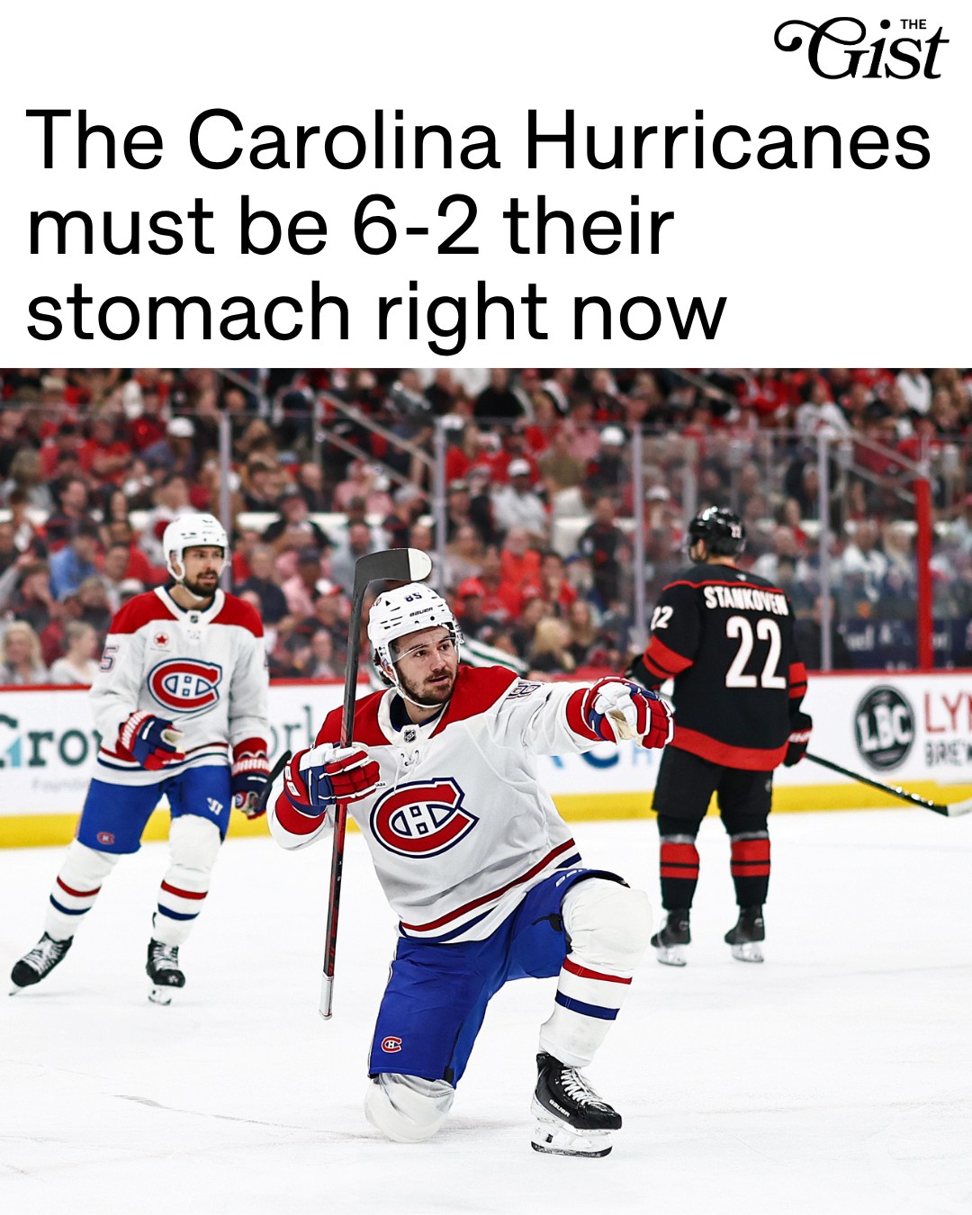 THE HABS HAND THE CANES THEIR FIRST LOSS OF THE PLAYOFFS! 😱⁣
⁣
The Montreal Canadiens take Game 1 of the Eastern Conference Finals with a dominant 6-2 win over the previously undefeated Carolina Hurricanes. 🏒⁣
⁣
After the Hurricanes started the game with a goal within the first 30 seconds, the Canadiens responded with four goals in 10 minutes. 😳⁣
⁣
Ça va bien, Montréal?! 👋⁣
⁣
#menssports #hockey #nhl #montrealcanadiens
