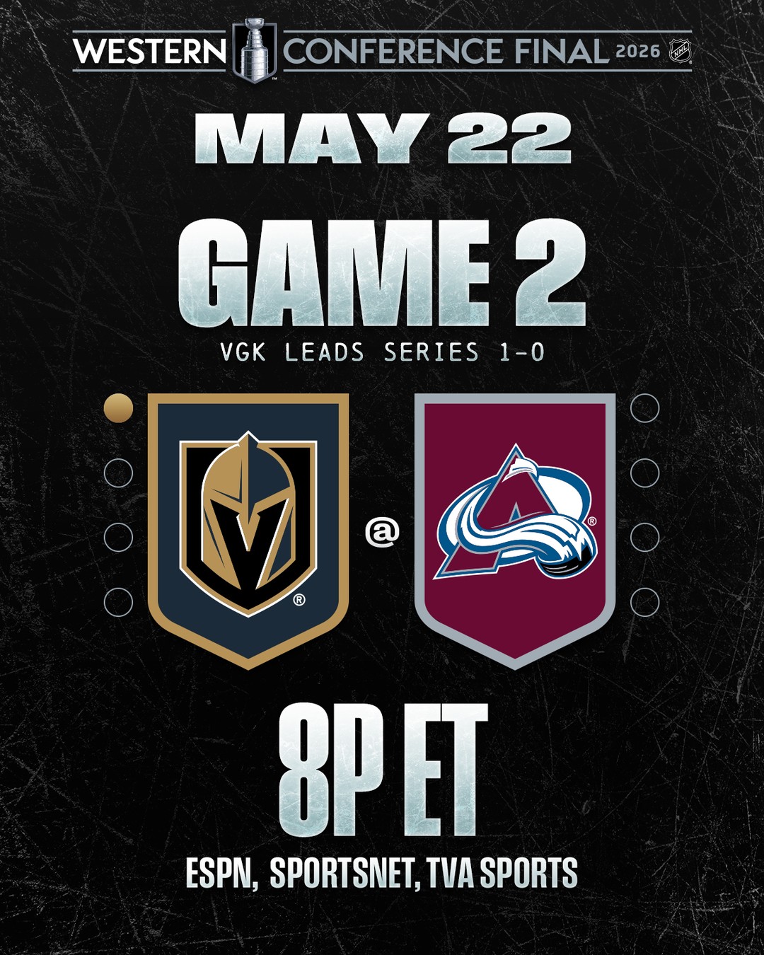 Game 2 of the Western Conference Final is set for tonight with the @coloradoavalanche looking to pull even before the series shifts to Las Vegas for Game 3 and 4. #StanleyCup