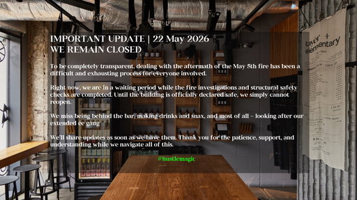 IMPORTANT UPDATE | 22 May 2026
WE REMAIN CLOSED 💔

To be completely transparent, dealing with the aftermath of the May 5th fire has been a difficult and exhausting process for everyone involved.

Right now, we are in a waiting period while the fire investigations and structural safety checks are completed. Until the building is officially declared safe, we simply cannot reopen.

We miss being behind the bar, making drinks and snax, and most of all - looking after our extended ēe gvng 🖤

We’ll share updates as soon as we have them. Thank you for the patience, support, and understanding while we navigate all of this.

 #hustlemagic #ēe