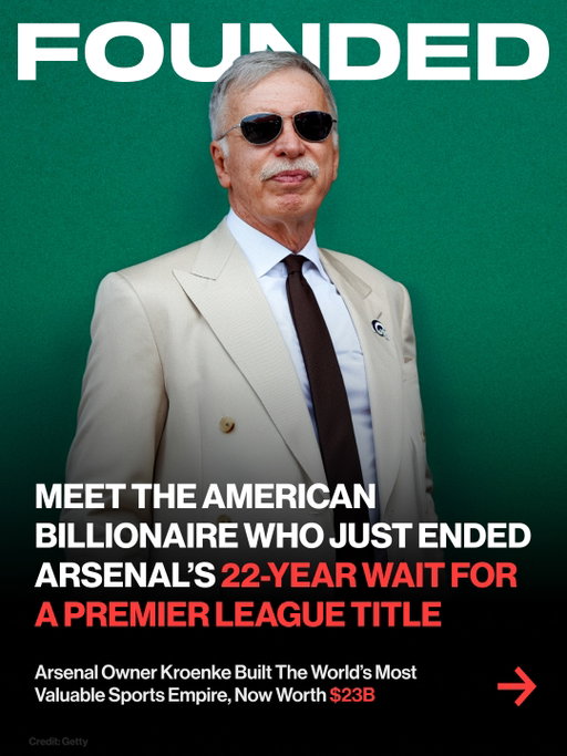 Stan Kroenke built a $23B sports empire from a town of 23 people.

Four championships.
Four sports.
Four years.

The Super Bowl. The Stanley Cup. The NBA. And now Arsenal’s first Premier League title in 22 years.

Before the trophies, Kroenke was sweeping floors in his dad’s lumberyard in Mora, Missouri.

By 10, he was doing the books.
By 18, he was headed to university on scholarship.

Then came real estate.
60M square feet. 1.6M acres of ranches.

But his real play was sports.

Fans called him “Silent Stan.”
Years later, the empire speaks for itself.

From a town of 23 to the most valuable sports empire on earth.