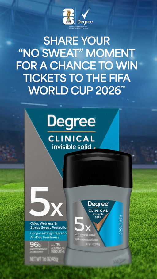 Wanna score tickets to a FIFA World Cup 2026™ match?? Degree Clinical 5X handles the sweat from kickoff to final whistle. #No5weat #Sweeps

 
For your chance to win, make sure you’re following us here @degree, then comment below to tell us what sweaty moment you handled this week where you come out saying “no sweat” and be sure to use the hashtags, #No5weat and #Sweeps  🏟️
No purchase necessary. Open to legal residents of the 50 U.S./D.C., 18+. Void where prohibited. Open 5/22- 6/14/26. For Official Rules and odds, visit https://bit.ly/49tB51c